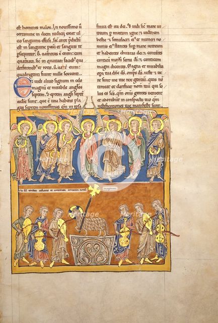 Leaf from a Beatus Manuscript: Seven Angels Hold the Cups of the Seven Last Plagues.., ca. 1180. Creator: Unknown.