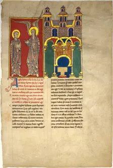 Leaf from a Beatus Manuscript: the Angel of the Church of Sardis with Saint John, ca. 1180. Creator: Unknown