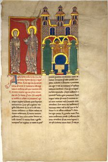 Leaf from a Beatus Manuscript: the Angel of the Church of Sardis with Saint John, ca. 1180. Creator: Unknown