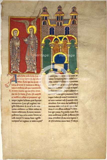 Leaf from a Beatus Manuscript: the Angel of the Church of Sardis with Saint John, ca. 1180. Creator: Unknown.