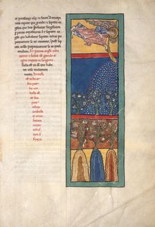 Leaf from a Beatus Manuscript: the First Angel Sounds the Trumpet..., ca. 1180. Creator: Unknown