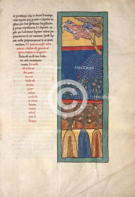 Leaf from a Beatus Manuscript: the First Angel Sounds the Trumpet..., ca. 1180. Creator: Unknown.