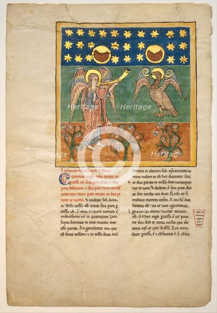 Leaf from a Beatus Manuscript: the Fourth Angel Sounds the Trumpet and an Eagle..., ca. 1180. Creator: Unknown.