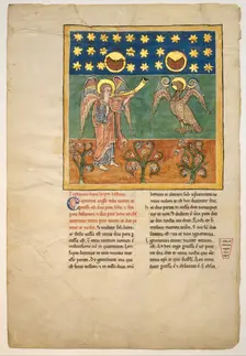 Leaf from a Beatus Manuscript: the Fourth Angel Sounds the Trumpet and an Eagle..., ca. 1180. Creator: Unknown