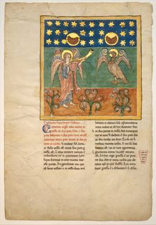Leaf from a Beatus Manuscript: the Fourth Angel Sounds the Trumpet and an Eagle..., ca. 1180. Creator: Unknown