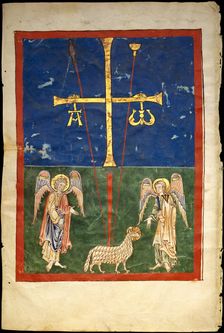 Leaf from a Beatus Manuscript: the Lamb at the Foot of the Cross, Flanked by Two Angels..., c1180. Creator: Unknown