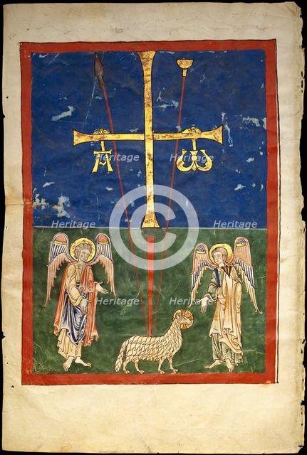 Leaf from a Beatus Manuscript: the Lamb at the Foot of the Cross, Flanked by Two Angels..., c1180. Creator: Unknown.