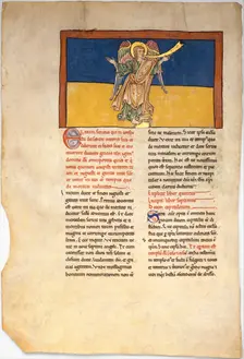 Leaf from a Beatus Manuscript: the Seventh Angel Proclaims the Reign of the Lord, ca. 1180. Creator: Unknown