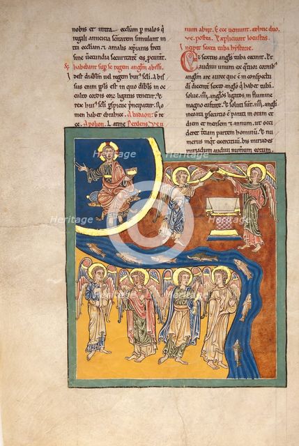 Leaf from a Beatus Manuscript: the Sixth Angel Delivers the Four Angels..., ca. 1180. Creator: Unknown.