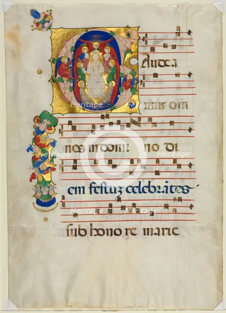 Leaf from a Gradual with Historiated Initial (G): Mary as Queen of Heaven, c. 1425-1450. Creator: Unknown.