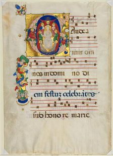 Leaf from a Gradual with Historiated Initial (G): Mary as Queen of Heaven, c. 1425-1450. Creator: Unknown