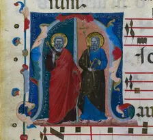 Leaf from a Gradual with Historiated Initial (M): SS. Peter and Andrew, c. 1320-1340. Creator: Master of Isaac and Esau (Italian)