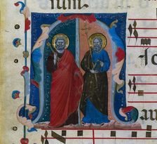 Leaf from a Gradual with Historiated Initial (M): SS. Peter and Andrew, c. 1320-1340. Creator: Master of Isaac and Esau (Italian)