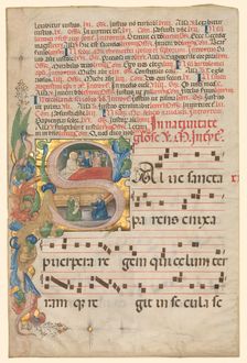 Leaf from a Gradual: Historiated Initial S[alve Sancta Parens] with Birth of the Virgin (recto), c. Creator: Unknown
