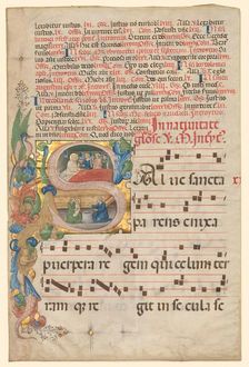 Leaf from a Gradual: Historiated Initial S[alve Sancta Parens] with Birth of the Virgin (recto), c. Creator: Unknown
