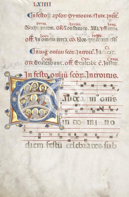 Leaf from a Gradual: Initial (G) with Christ, the Virgin, and Apostles, c. 1300. Creator: Unknown.