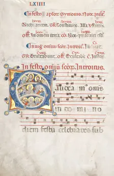 Leaf from a Gradual: Initial (G) with Christ, the Virgin, and Apostles, c. 1300. Creator: Unknown