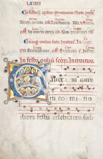 Leaf from a Gradual: Initial (G) with Christ, the Virgin, and Apostles, c. 1300. Creator: Unknown.