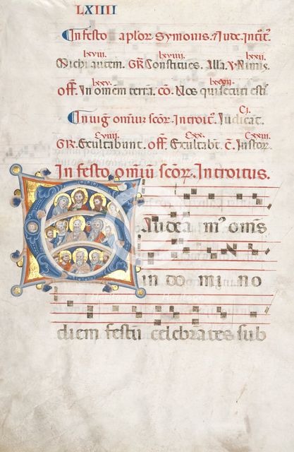 Leaf from a Gradual: Initial (G) with Christ, the Virgin, and Apostles, c. 1300. Creator: Unknown.