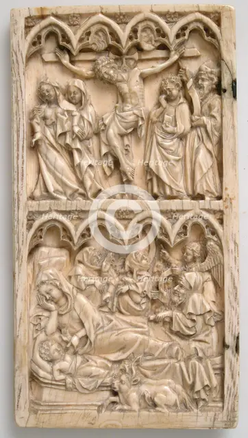 Leaf from a Diptych with the Crucifixion and Nativity, German, ca. 1375-1400. Creator: Master of Kremsmunster.