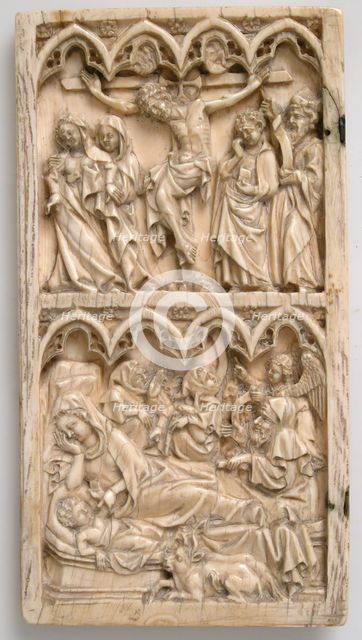 Leaf from a Diptych with the Crucifixion and Nativity, German, ca. 1375-1400. Creator: Master of Kremsmunster.