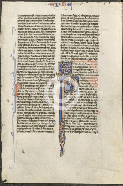 Leaf from a Latin Bible: Initial P with St. Paul Holding a Sword..., c. 1250. Creator: Johannes Grusch Atelier (French), circle or workshop of.