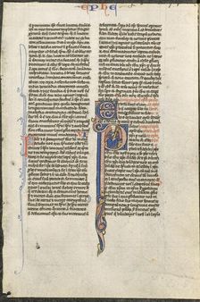 Leaf from a Latin Bible: Initial P with St. Paul Holding a Sword..., c. 1250. Creator: Johannes Grusch Atelier (French), circle or workshop of