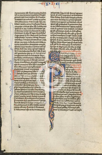 Leaf from a Latin Bible: Initial P with St. Paul Holding a Sword..., c. 1250. Creator: Johannes Grusch Atelier (French), circle or workshop of.