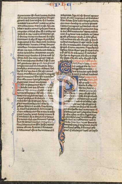 Leaf from a Latin Bible: Initial P with St. Paul Holding a Sword..., c. 1250. Creator: Johannes Grusch Atelier (French), circle or workshop of.