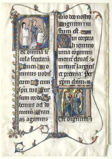 Leaf from a Missal with Two Historiated Initials: Initial P[er omnia saecula saeculorum]..., c. 1300 Creator: Unknown