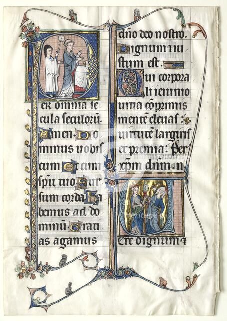 Leaf from a Missal with Two Historiated Initials: Initial P[er omnia saecula saeculorum]..., c. 1300 Creator: Unknown.