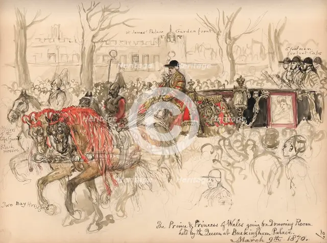 Leaf from a sketchbook with a drawing of the Prince and Princess of Wales going to a..., 1870. Creator: Sir John Gilbert.