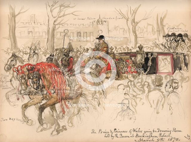 Leaf from a sketchbook with a drawing of the Prince and Princess of Wales going to a..., 1870. Creator: Sir John Gilbert.