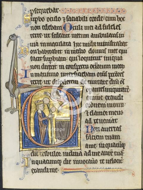 Leaf from a Psalter: Initial D: David in Prayer before an Altar and Christ in a Cloud..., c. 1270-12 Creator: Unknown.
