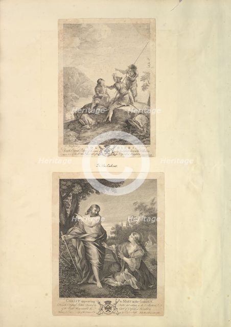 Leaf from Aedes Walpolianae mounted with two prints: (a): Three Soldiers; (b)..., 18th-19th century. Creators: Richard Earlom, William Walker.