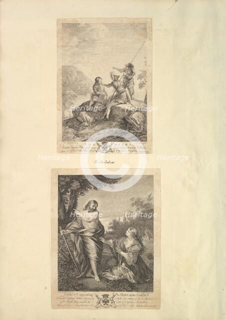 Leaf from Aedes Walpolianae mounted with two prints: (a): Three Soldiers; (b)..., 18th-19th century. Creators: Richard Earlom, William Walker.