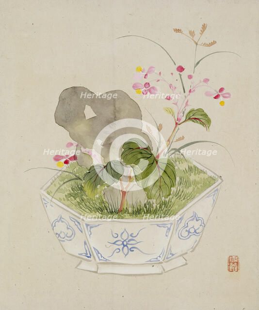 Leaf from Album Depicting Birds, Flowers, Landscapes, and Flower Pots, 1876. Creator: Yoshizawa Setsuan.