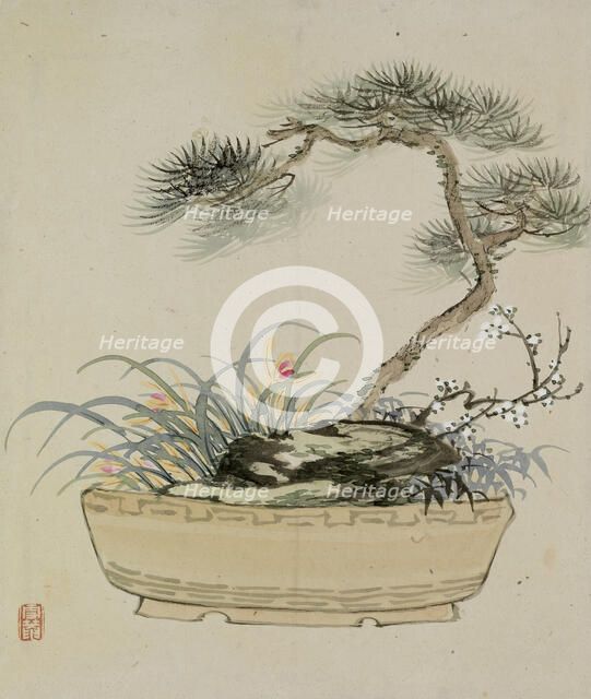 Leaf from Album Depicting Birds, Flowers, Landscapes, and Flower Pots, 1876. Creator: Yoshizawa Setsuan.