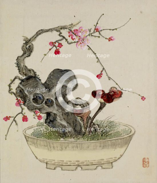 Leaf from Album Depicting Birds, Flowers, Landscapes, and Flower Pots, 1876. Creator: Yoshizawa Setsuan.