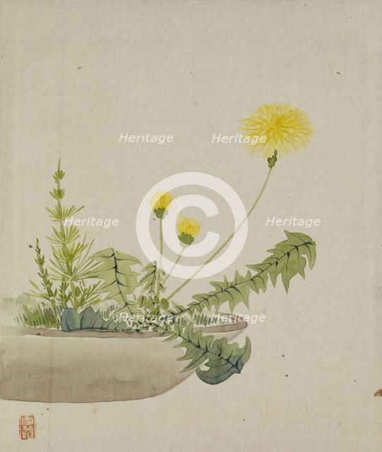 Leaf from Album Depicting Birds, Flowers, Landscapes, and Flower Pots, 1876. Creator: Yoshizawa Setsuan.