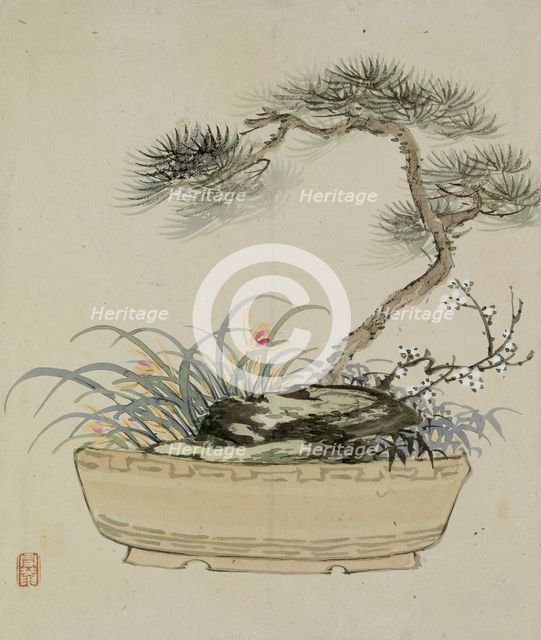 Leaf from Album Depicting Birds, Flowers, Landscapes, and Flower Pots, 1876. Creator: Yoshizawa Setsuan.