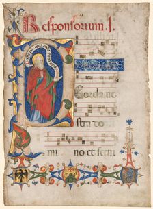 Leaf from an Antiphonary: Historiated Initial P with the Prophet Samuel..., c. 1439-1447. Creator: Olivetan Master (Italian)