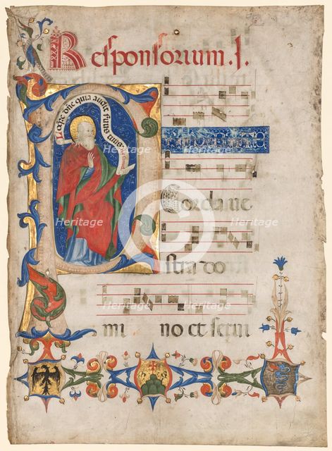 Leaf from an Antiphonary: Historiated Initial P with the Prophet Samuel..., c. 1439-1447. Creator: Olivetan Master (Italian).