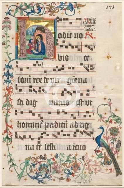 Leaf from an Antiphonary: Initial H with the Nativity (recto) and Text (verso), c. 1480. Creator: Unknown.