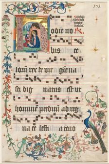 Leaf from an Antiphonary: Initial H with the Nativity (recto) and Text (verso), c. 1480. Creator: Unknown