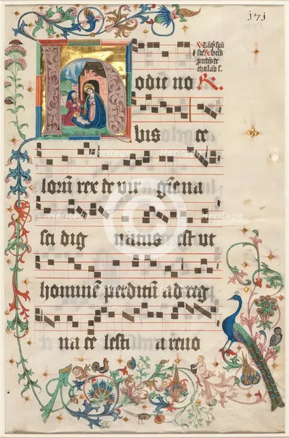 Leaf from an Antiphonary: Initial H with the Nativity (recto), c. 1480. Creator: Unknown.