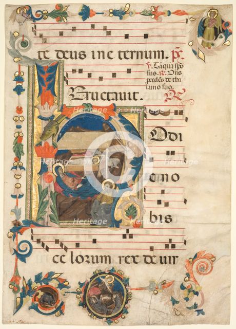 Leaf from an Antiphonary with Historiated Initial (H) with The Nativity (recto) and Music (verso). Creator: Unknown.