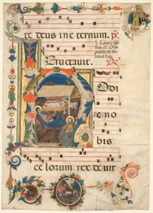 Leaf from an Antiphonary with Historiated Initial (H) with The Nativity (recto), early 1300s. Creator: Unknown