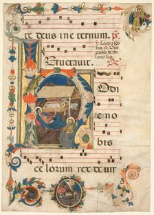Leaf from an Antiphonary with Historiated Initial (H) with The Nativity (recto) and Music (verso). Creator: Unknown