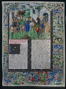 Leaf from Jehan de Courcy's "Chronique Universelle": King Priam Meets Helen and Paris..., c. 1470. Creator: Unknown